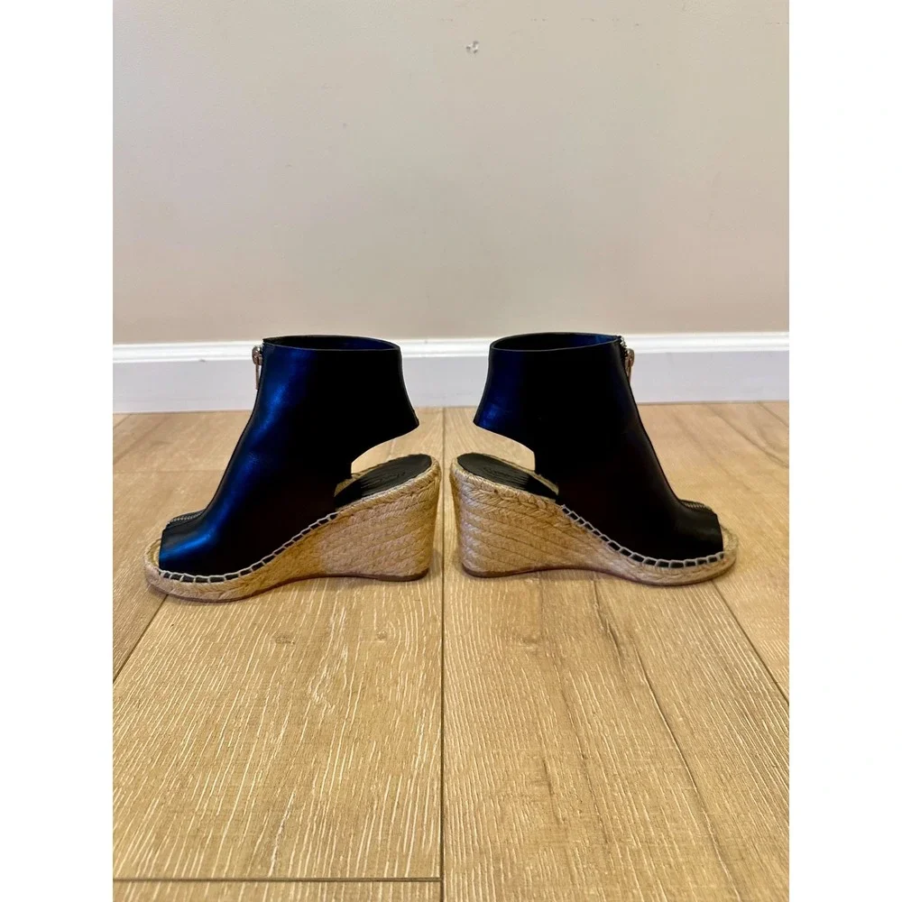 CELINE Women's Black Leather Espadrille Wedge Sandals Open Toe Sz 5 US / 35 EU